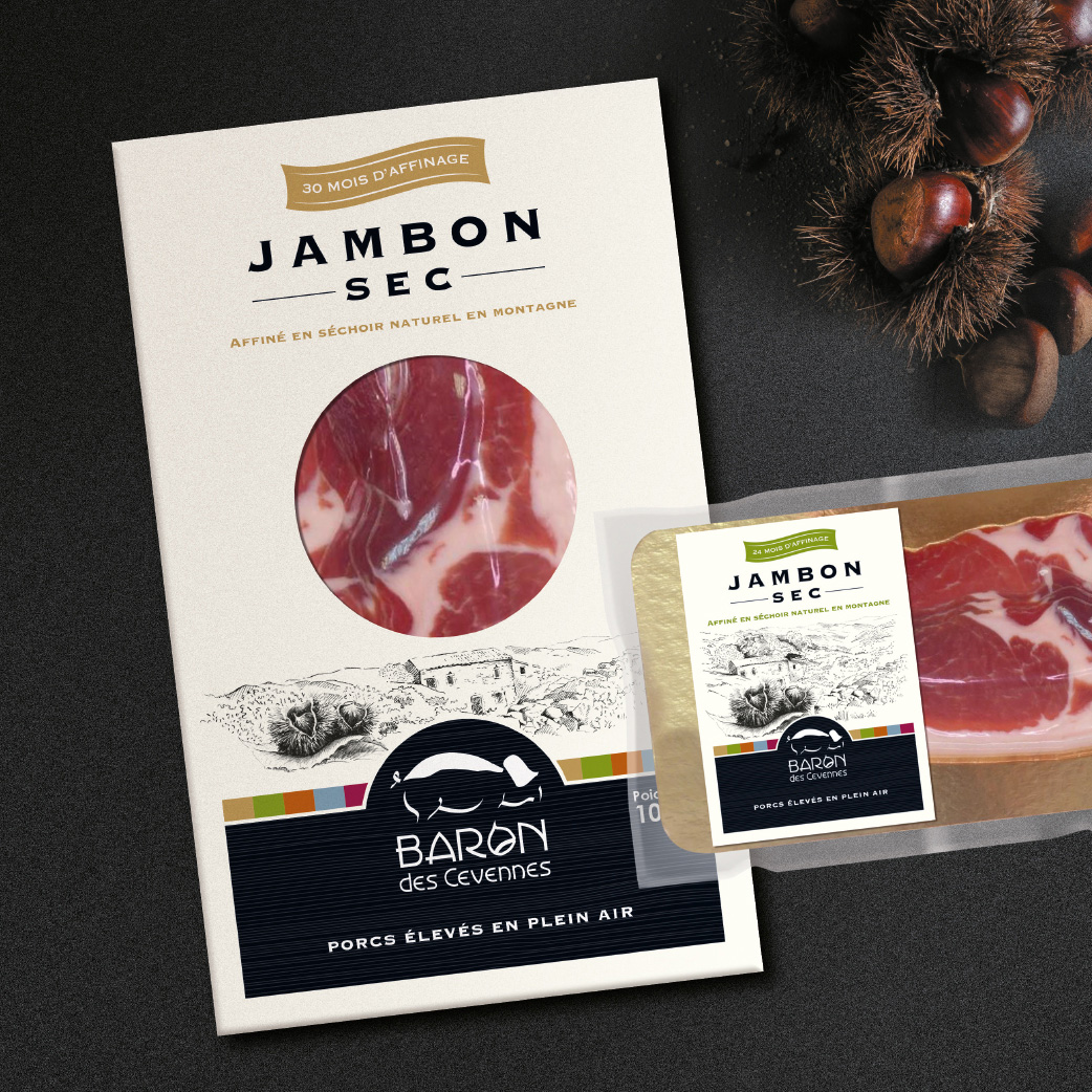 Création d'une identité visuelle pour la marque Baron des Cévennes (étiquettes produits, packaging, flyer, etc).