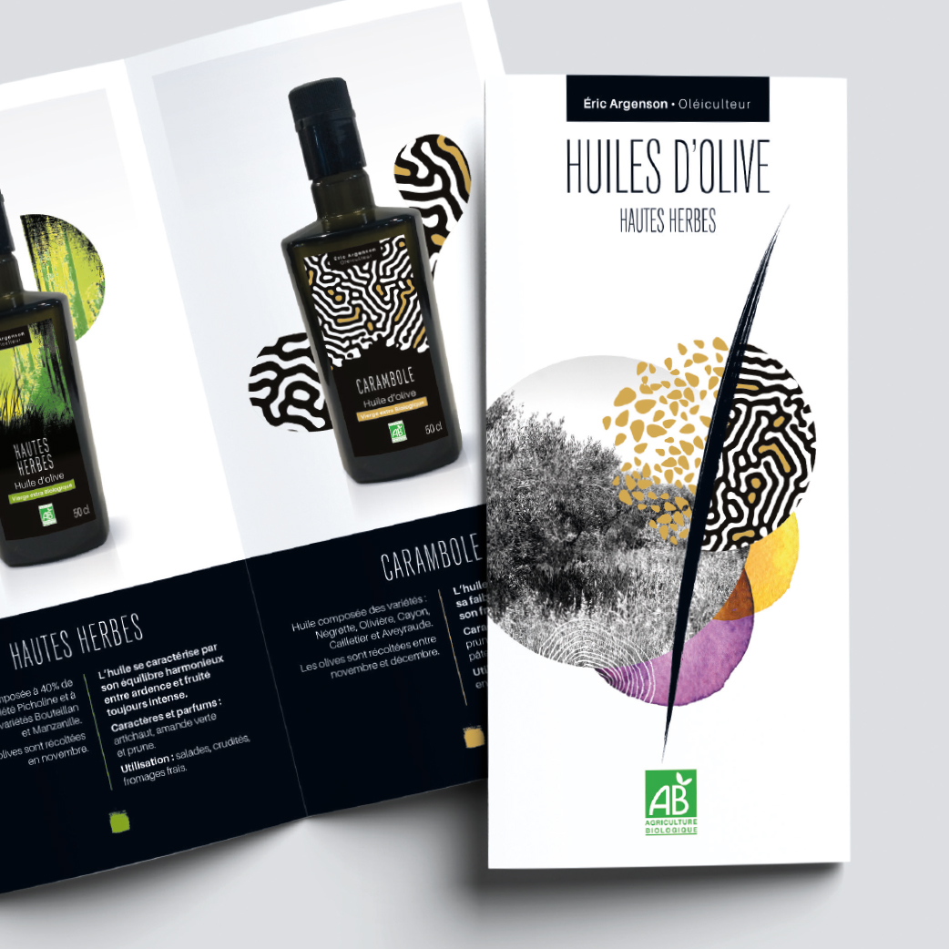 Création d'étiquettes de bouteilles d'huiles d'olives et d'un dépliant de présentation produits pour Éric Argenson, oléiculteur à Collias dans le Gard.