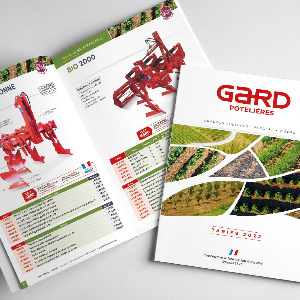 Création et mise en page d’un catalogue tarifs pour la société Gard Potelières spécialisée dans la conception et la fabrication d’outils pour le travail du sol.