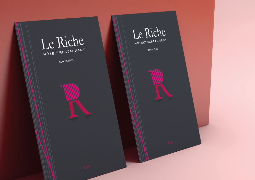 Création d'un logo pour l'hôtel-restaurant "Le Riche" à Alès (Gard)et mise en place d'une identité visuelle sur carte de visite et menu de restaurant.