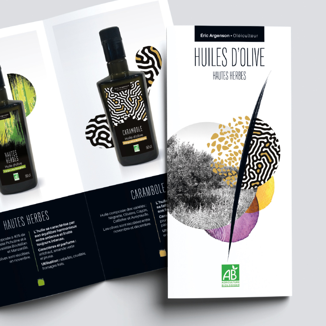 Création d'étiquettes de bouteilles d'huiles d'olives pour Éric Argenson, oléiculteur à Collias dans le Gard. Dépliant de présentation produits.