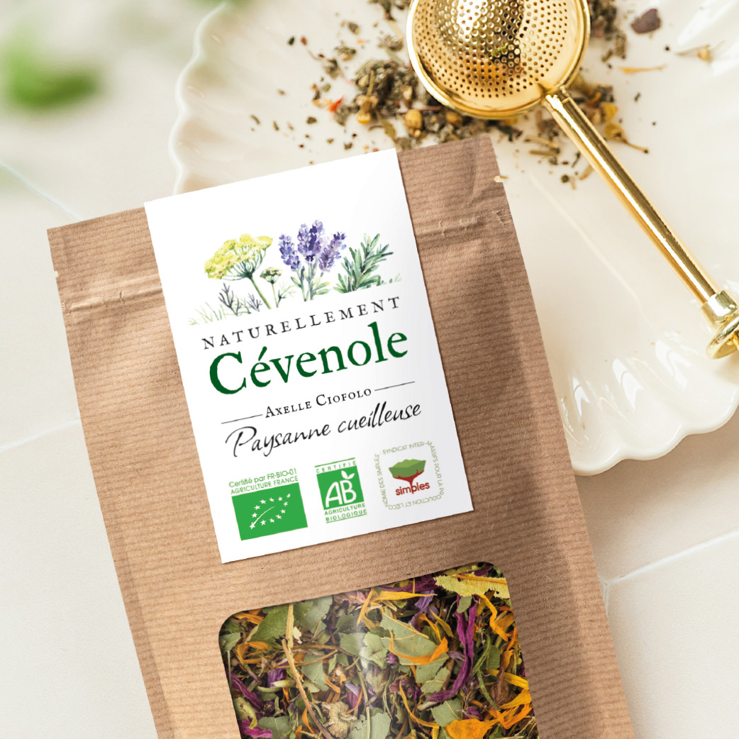 Création d'un logo pour Axelle Ciofolo, paysanne cueilleuse à St-Brès dans le Gard et déclinaisons sur étiquettes de tisanes bio.