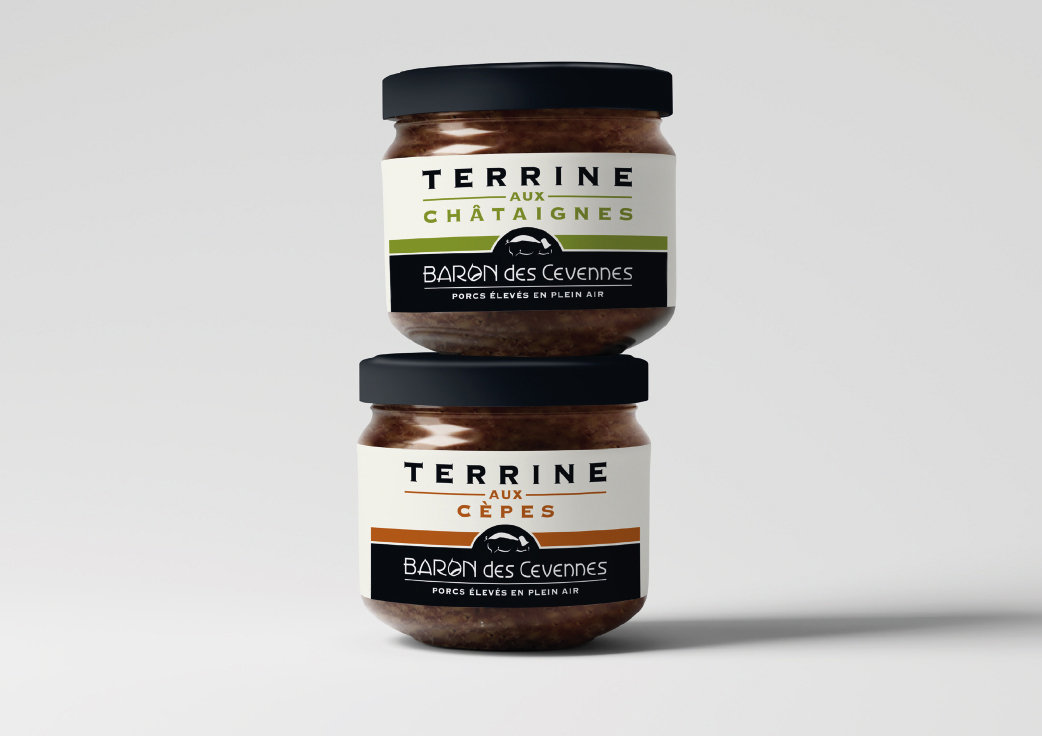 Création d'une identité visuelle pour la marque Baron des Cévennes (étiquettes produits, packaging, flyer, etc.).